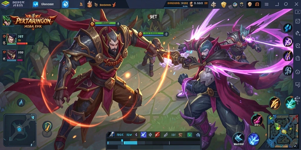 Screenshot utama 9ET menampilkan pertempuran MOBA yang intens dan strategi tim.