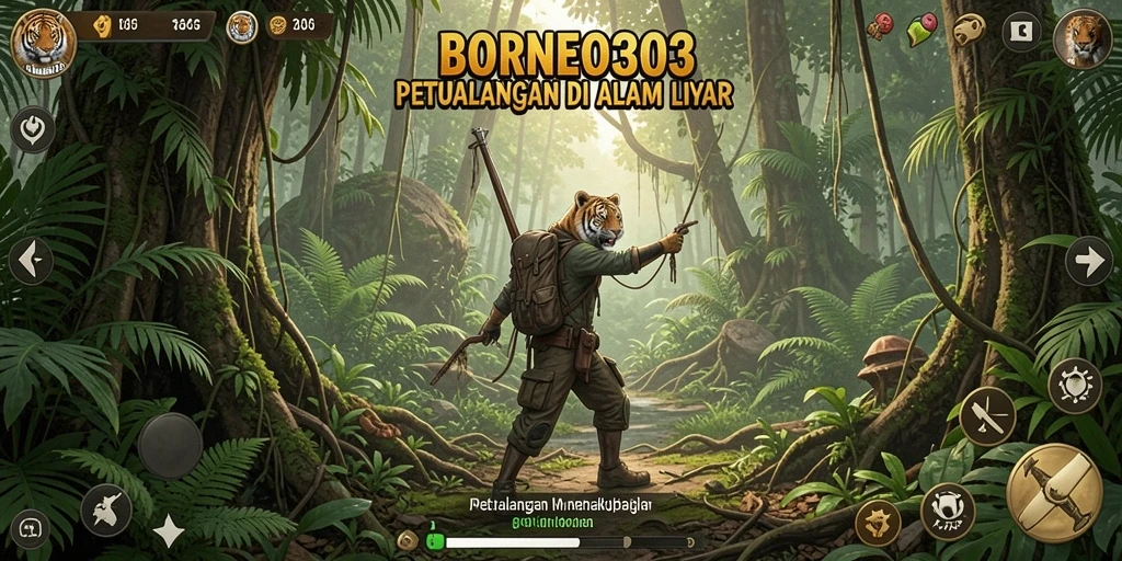 Screenshot gameplay dari petualangan mendebarkan di hutan Borneo.