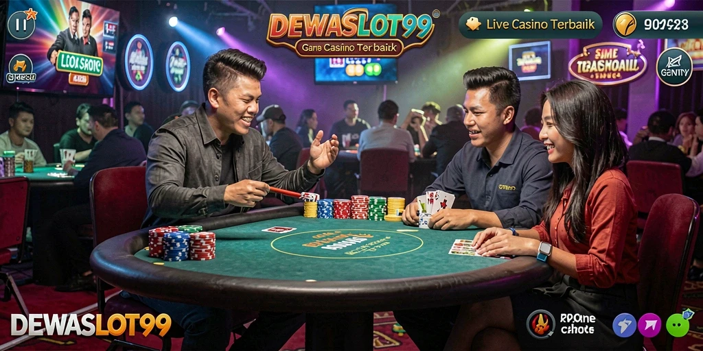 Screenshot gameplay DEWASLOT99 menampilkan dealer dan meja kasino yang interaktif.