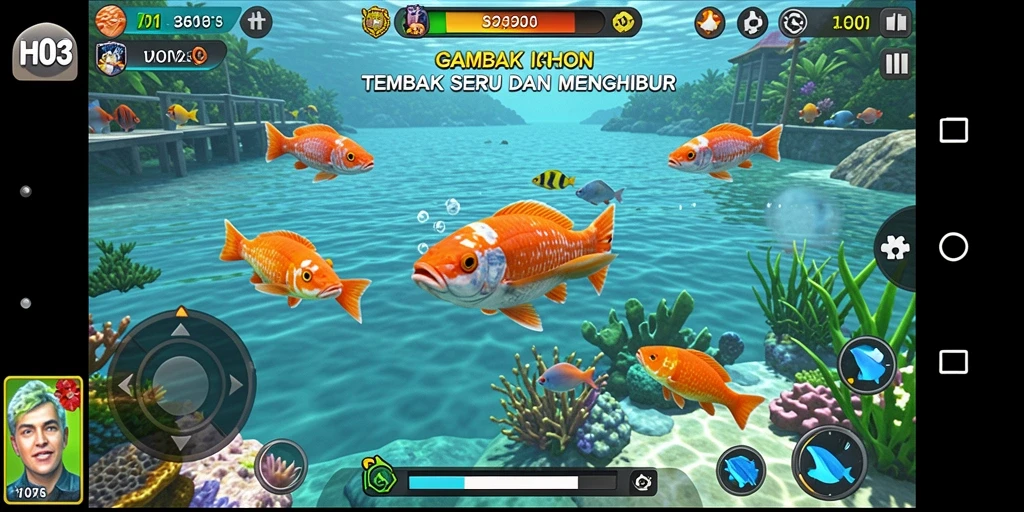 Tangkapan layar gameplay H03 menampilkan aksi menembak ikan yang seru.