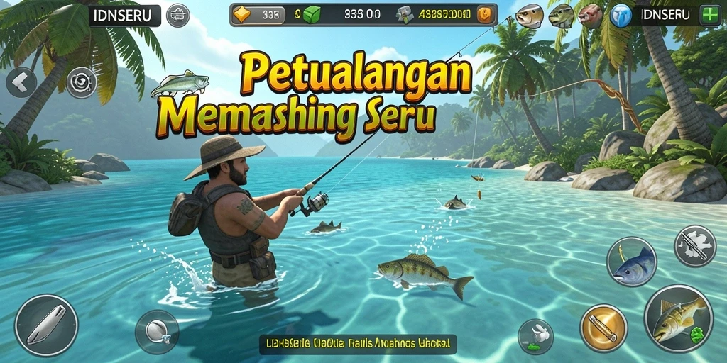 Screenshot menunjukkan pemain menangkap ikan di danau yang indah.