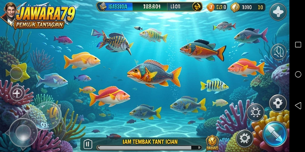 Tangkapan layar dari gameplay JAWARA79 saat menembak ikan yang beragam.