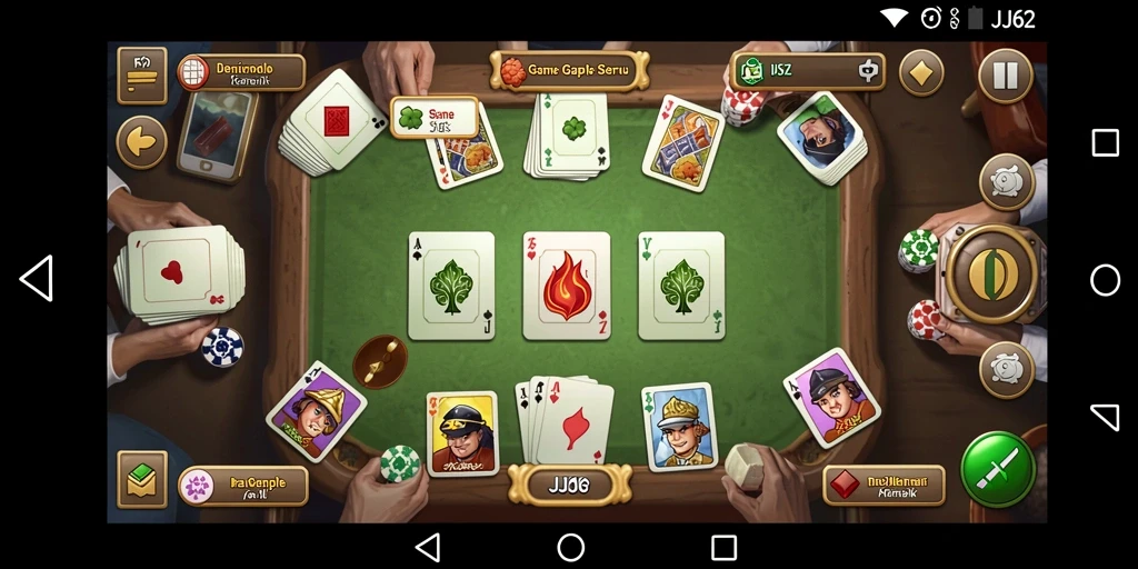 Screenshot gameplay JJ62 menampilkan suasana permainan Gaple yang mendebarkan.