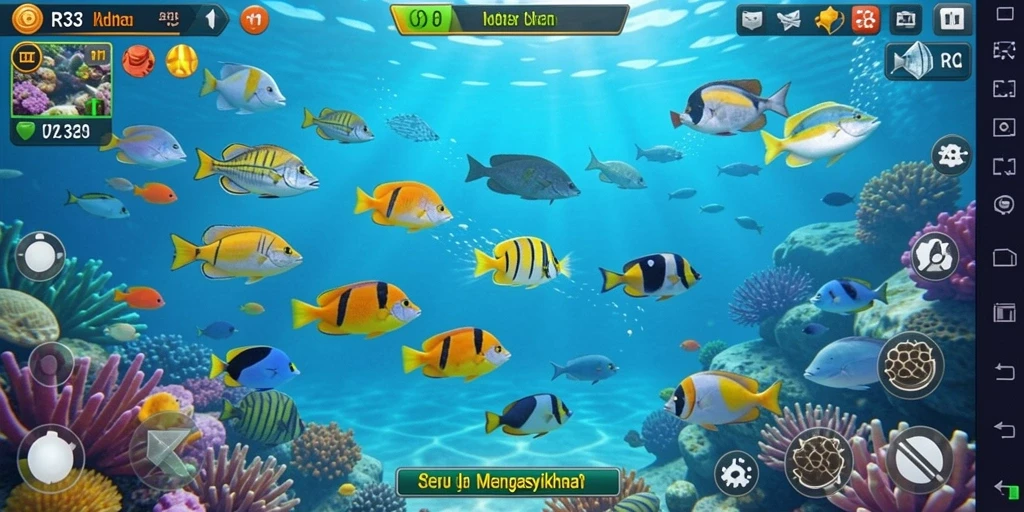 Screenshot menunjukkan pemain menembak ikan berwarna-warni di bawah laut.