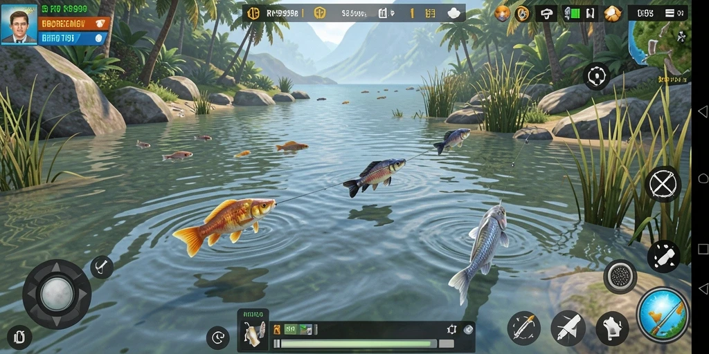 Tampilan gameplay RR999 yang menakjubkan saat memancing di danau.