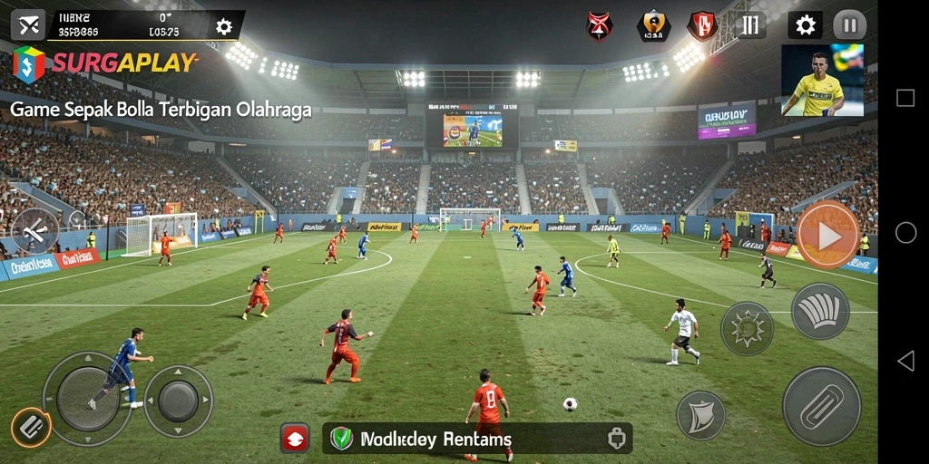 Screenshot utama dari gameplay <strong>SURGAPLAY</strong> menampilkan aksi seru di lapangan sepak bola.